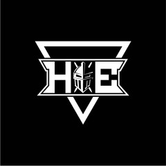 The initials inspiration H E modern knight logo with a triangle