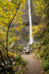 Latorell Falls  and trail footbridge in the Columbia River Gorge National Scenic Area, Oregon.