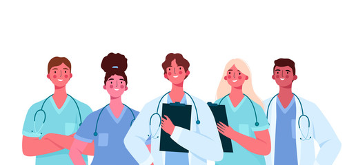 Set of doctors characters. Medical team concept in vector illustration design. Medical staff doctor nurse therapist surgeon professional hospital workers, group of medics.