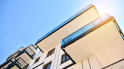 Architectural details of modern apartment building. Modern european residential apartment building complex.