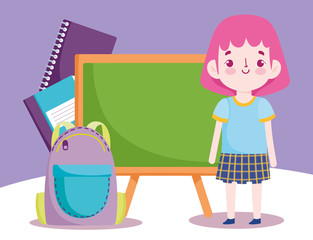 back to school, student girl bag books and blackboard elementary education cartoon