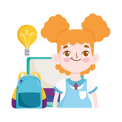 back to school, student girl computer monitor and backpack elementary education cartoon
