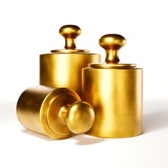 Fototapeta na wymiar Three brass weights on white background 3D illustration