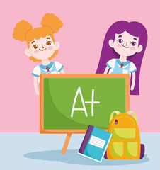 back to school, student girls blackboard backpack notebook elementary education cartoon