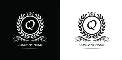 Letter Q laurel wreath template logo Luxury letter with crown. Monogram alphabet . Beautiful royal initials letter.	 