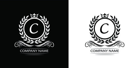 Fototapeta premium Letter C laurel wreath template logo Luxury letter with crown. Monogram alphabet . Beautiful royal initials letter. 