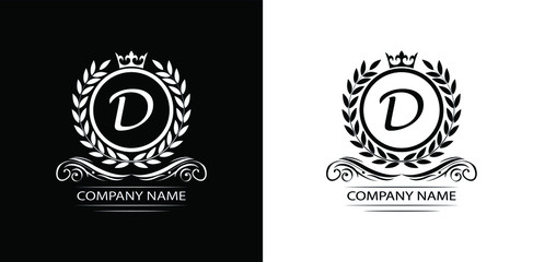 Letter D laurel wreath template logo Luxury letter with crown. Monogram alphabet . Beautiful royal initials letter.	 