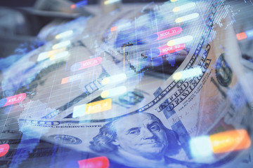 Double exposure of data theme drawing over us dollars bill background. Technology concept.