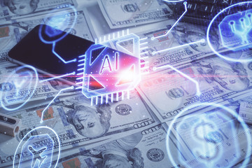 Double exposure of data theme drawing over us dollars bill background. Technology concept.