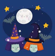 happy halloween, witches faces bats night stars moon trick or treat party celebration