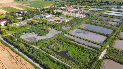 Fototapeta na wymiar Sewerage or sewage cleaning factory from high above the sky aerial view.