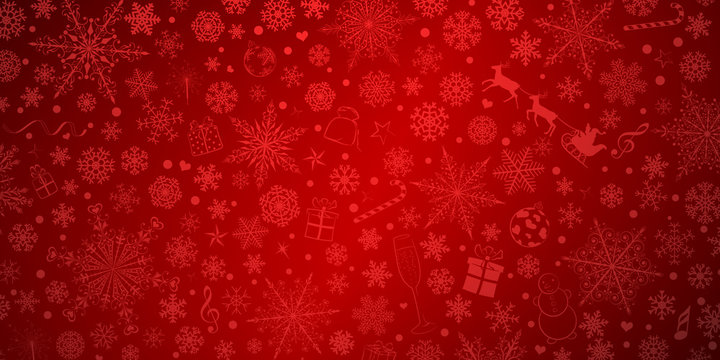 Christmas background of various snowflakes and holiday symbols, in red colors