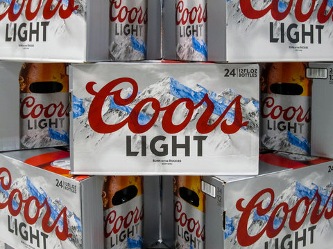 ATLANTA, GEORGIA - MAY 24, 2019 : Coors Light 24 pack beer bottle display at local grocery store. Coors Light is one of the top selling domestic beers in the United States.