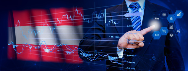 Businessman touching data analytics process system with KPI financial charts, dashboard of stock and marketing on virtual interface. With Austria flag in background.