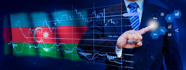 Fototapeta premium Businessman touching data analytics process system with KPI financial charts, dashboard of stock and marketing on virtual interface. With Azerbaijan flag in background.