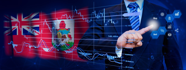 Businessman touching data analytics process system with KPI financial charts, dashboard of stock and marketing on virtual interface. With Bermuda flag in background.