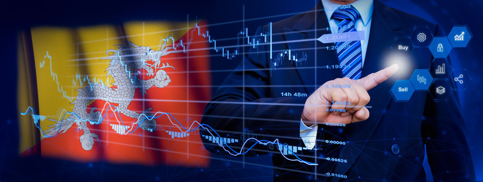 Businessman touching data analytics process system with KPI financial charts, dashboard of stock and marketing on virtual interface. With Bhutan flag in background. - Powered by Adobe