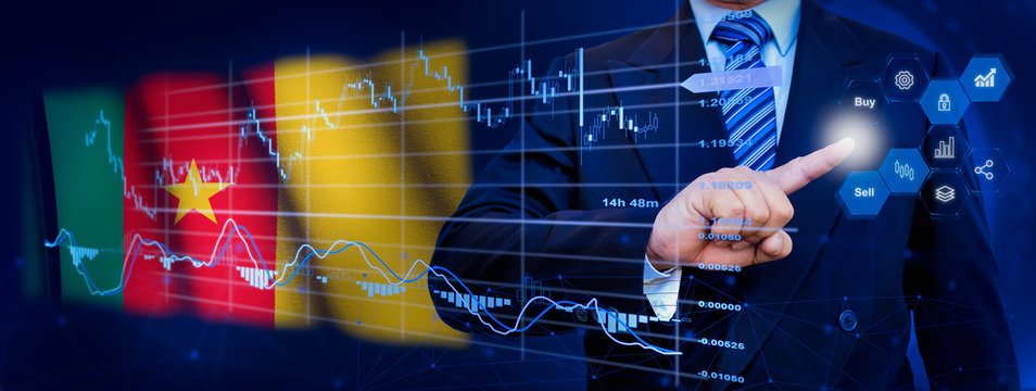 Businessman touching data analytics process system with KPI financial charts, dashboard of stock and marketing on virtual interface. With Cameroon flag in background. - Powered by Adobe
