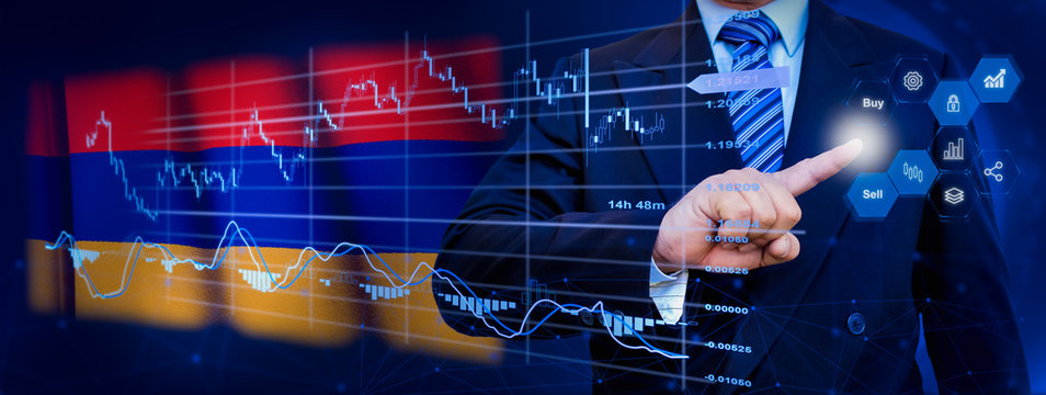 Businessman touching data analytics process system with KPI financial charts, dashboard of stock and marketing on virtual interface. With Armenia flag in background. - Powered by Adobe