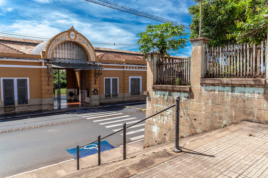 Bebedouro, Sao Pau.o, Brazil, April 09, 2015. Facade and entrance to the Railway Museum "Osvaldo Schiavon" at the old railway station in the municipality of Bebedouro