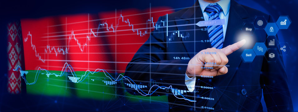 Businessman touching data analytics process system with KPI financial charts, dashboard of stock and marketing on virtual interface. With Belarus flag in background. - Powered by Adobe