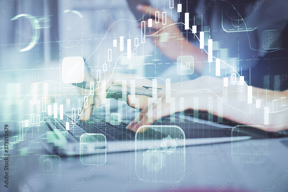 Poster multi exposure of woman hands typing on computer and financial graph hologram drawing. stock market 