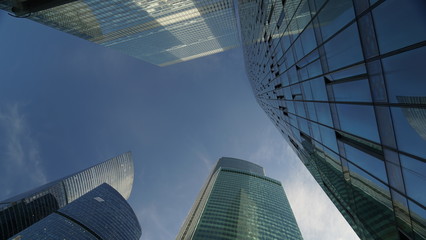 Fototapeta na wymiar Moscow, Russia-February 14, 2020: glass-concrete business center Moscow-city view from the bottom of the day