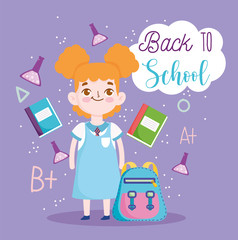 back to school, student girl backpack books test tubes science elementary education cartoon