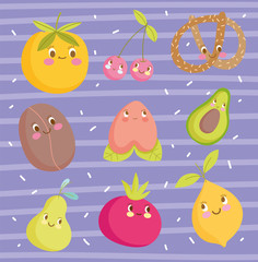 cute food pattern design, cartoon orange peach avocado pear tomato decoration