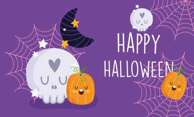 happy halloween, skull pumpkins moon cobweb stars trick or treat party celebration