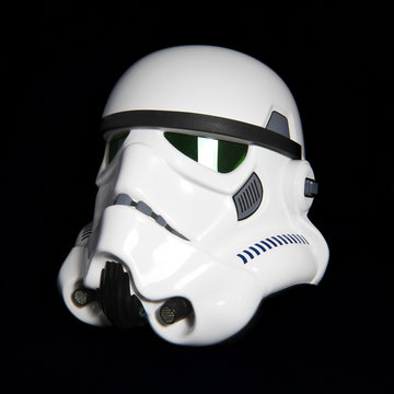 NEW YORK USA, AUGUST 21 2020: Studio portrait of an EFX brand Star Wars ANH Stormtrooper helmet. The Star Wars franchise is owned by Disney