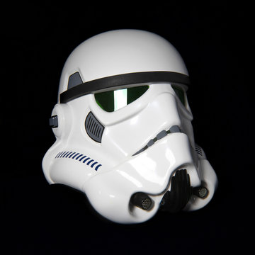 NEW YORK USA, AUGUST 21 2020: Studio portrait of an EFX brand Star Wars ANH Stormtrooper helmet. The Star Wars franchise is owned by Disney