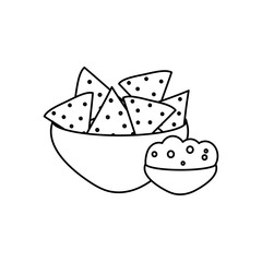 mexican culture concept, bowl of nachos and guacamole, line style