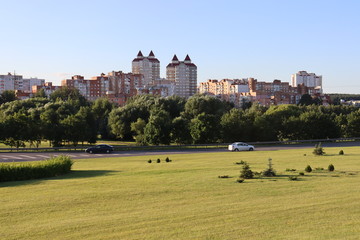 Minsk suburb with residential buildings and green park