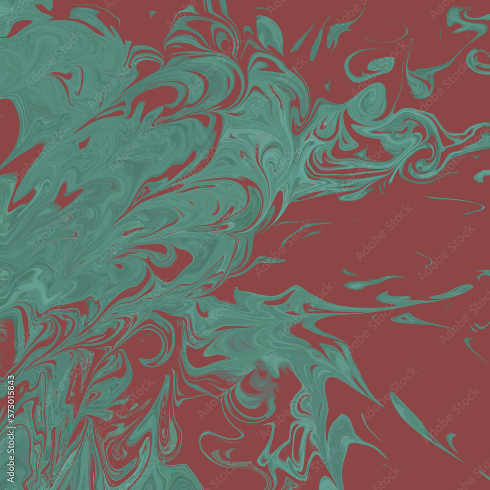 Poster background of green paint creating abstract patterns in the red paint