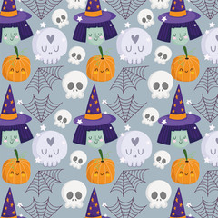 happy halloween, witch face skulls pumpkin hat cobweb trick or treat party celebration background