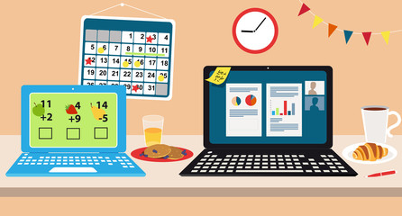 Adult's and kid's computers on a kitchen table ready for remote study and work, EPS 8 vector illustration