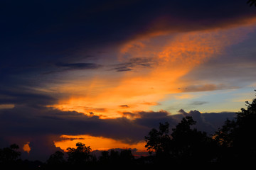 Fototapeta premium Abstract soft blurred semi silhouette of the sunset with the beautiful sky cloud storm thunderstorm with black silhouette tree foreground