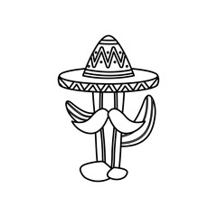mexican cactus with mustache and hat, line style