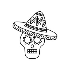 mexican sugar skull with hat icon, line style