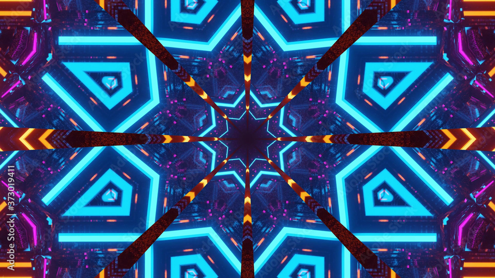 Poster 3d rendering of an abstract background with geometric shapes and bright colorful lights