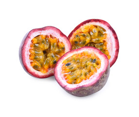 Isolated passionfruit. Collection of whole and cut passion fruits (maracuya) isolated on white...
