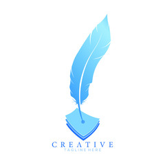 feather pen logo blue with 3 sheets of paper vector design template