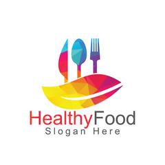 Healthy food logo  template. Organic food logo with spoon, fork, knife and leaf symbol.