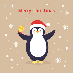 Penguin with bell, winter holidays postcard cartoon greeting Merry Christmas. Cute flat card hand drawn penguin. Funny happy New year animal character. Isolated vector illustration