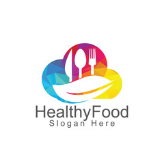 Healthy food cloud logo  template. Organic food logo with spoon, fork, knife and leaf symbol.