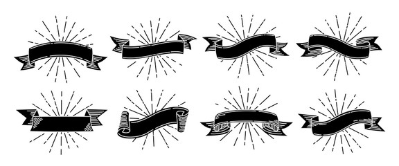 Ribbon doodle retro set. Black old engraving hand drawn ribbons. Tape with light rays. Ancient grunge collection, blank for greeting cards, banners invitations. Web icon kit, banner tapes. Vector