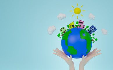 3d rendering hand holding world wiyh four house and tree on world and blue background.  World habitat day concrpt.