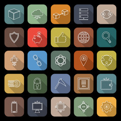 Blockchain line flat icons with long shadow