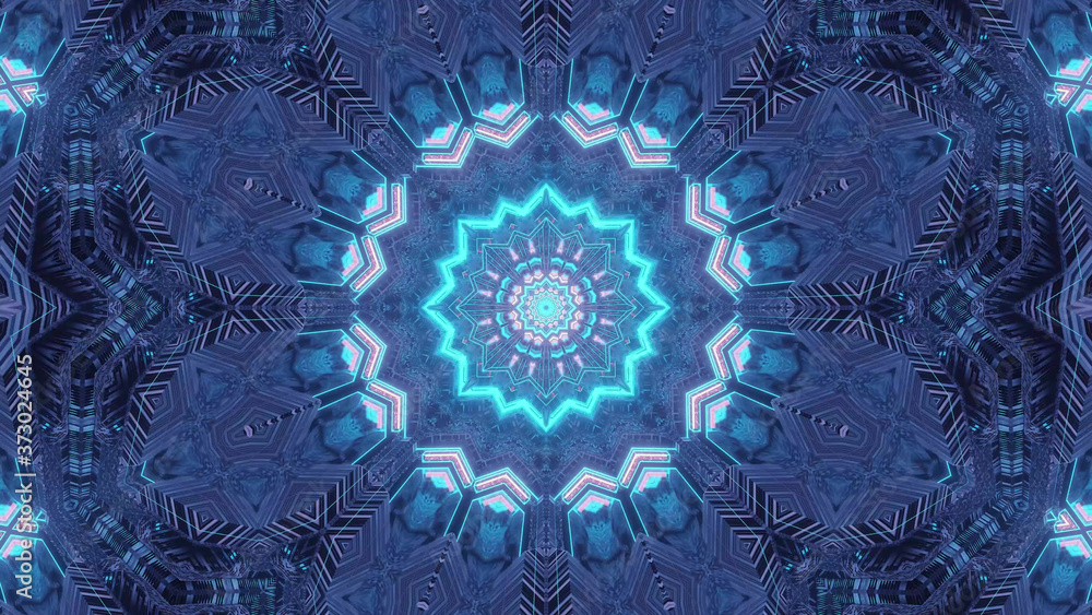 Poster 3d rendering of a futuristic background with circular shapes and blue neon lights